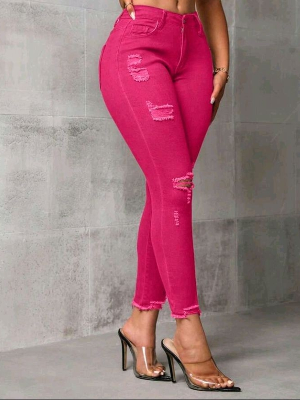 High-Rise Distressed Skinny Jeans - Hot Pink